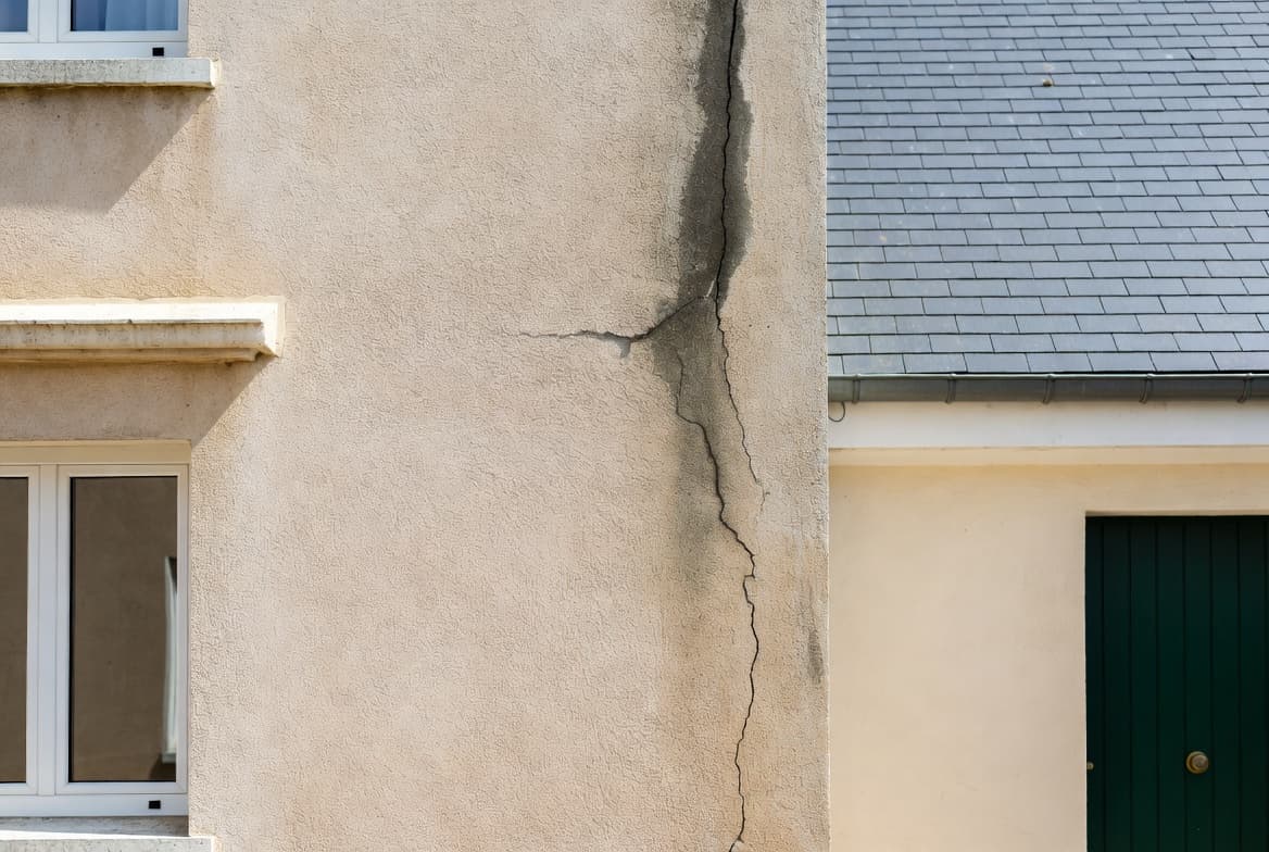 Exemple de désordre du bâti : fissure et traces d'humidité sur une façade