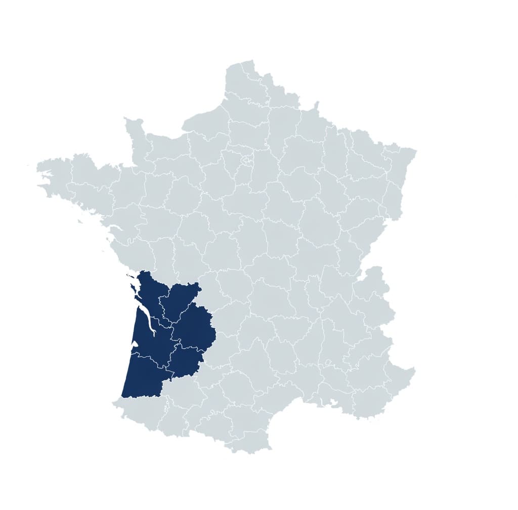 Zones d'intervention BPCS : Gironde, Lot-et-Garonne, Landes, Dordogne, Charente-Maritime, Charente